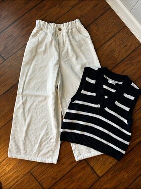 MANGO Striped Knit Vest and Ivory Wide-Leg Pants Set